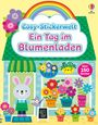 „Cosy-Stickerwelt: Ein Tag im Blumenladen, über 150 Sticker“. Ein fröhliches Kaninchen mit Gießkanne steht vor einem Blumenladen.