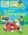 "Erstes Handbuch: So geht Camping!" steht im Vordergrund. Bunte Illustration mit Kindern, Zelt und Campingausrüstung.