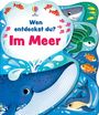 Text: „Wen entdeckst du? Im Meer“. Illustration: Ein Wal, Haifisch, Schildkröte und bunte Fische im Wasser.