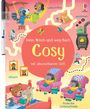 Text: "Mein Wisch-und-weg-Buch Cosy mit abwischbarem Stift." Illustration: Tiere beim Spielen und Entspannen.