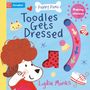 "Toodles Gets Dressed" von Lydia Monks. Comic-Stil, Hund mit rotem Haar, Kleidungsstücke, interaktives Element.