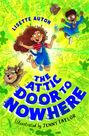 Text: "LISETTE AUTON, THE ATTIC DOOR TO NOWHERE, Illustrated by Jenny Taylor." Zwei Kinder und ein Hund in lebhaften Farben.