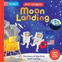 "Moon Landing", "The story of the first moon landing", "Campbell", "First Explorers", "Push Pull Slide". Illustration: Astronaut, Mond.