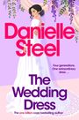 „Danielle Steel, The Wedding Dress“, golden. Eine Braut in Spitzenkleid, funkelnder Hintergrund mit Feuerwerkseffekten.