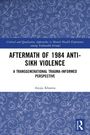„AFTERMATH OF 1984 ANTI-SIKH VIOLENCE“ in großen Buchstaben, blauer Hintergrund mit weißen Mustern.