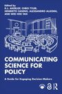 "Communicating Science for Policy" steht in großen Buchstaben. Illustration eines Sitzungssaals mit halbkreisförmigen Sitzreihen.