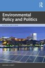 "Environmental Policy and Politics, Ninth Edition, Michael E. Kraft" über Stadtansicht bei Abenddämmerung mit Solarpanelen.