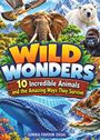 Text: "WILD WONDERS: 10 Incredible Animals and the Amazing Ways They Survive". Illustration mit Tieren wie Elefant, Wal, Tiger.