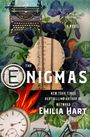 "The Enigmas" von Emilia Hart, eine Novelle. Illustration mit Schreibmaschine, Blumen, Uhr, Fahrrad und einem Vogel.