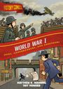 "World War I", "Spies, Codebreakers, and Saboteurs". Soldaten im Schützengraben, Flugzeug oben, Mann jagt anderen in der Stadt.
