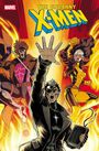 "The Uncanny X-Men" in gelber Schrift. Drei Figuren in actionreicher Pose mit leuchtenden Effekten. Comicstil.