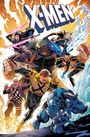 X-MEN-Logo in Großbuchstaben. Eine Gruppe von Superhelden stürmt dynamisch vor orange und blau leuchtendem Hintergrund.