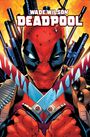 "Wade Wilson Deadpool" in roten Buchstaben über einer Illustration eines maskierten Charakters mit Schwertern und Waffen im Hintergrund.