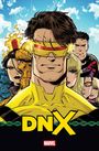 "DNX" in großen gelben Buchstaben und darunter mehrere Superhelden mit entschlossenen Gesichtsausdrücken.