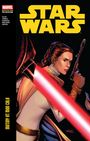 "Star Wars" in roter Schrift. Frau mit Blaster, rotes Lichtschwert im Vordergrund. Comic-Stil.
