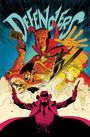 "Defenders" steht groß oben. Illustration mit magischem Mann, Silber-Surfer, gelber Frau, Monster und maskierter Pistolenfigur.