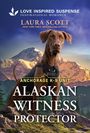 Buchtitel: "Alaskan Witness Protector". Ein Hund mit K-9-Weste, Berge im Hintergrund. Logo "Love Inspired Suspense".