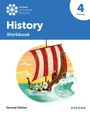 "History Workbook", "4 Primary", "Second Edition". Illustration eines Wikingerboots in stürmischer See bei Sonnenuntergang.