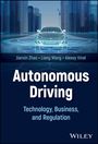 „Autonomous Driving: Technology, Business, and Regulation“ plus Autoren. Illustration eines Gitternetz-Autos in futuristischer Stadt.