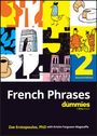 "French Phrases for Dummies, Second Edition." Illustrationen von Paris, Hähnchen und Baguette, verspielte bunte Collage.