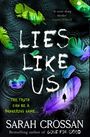 „LIES LIKE US“, „The truth can be a dangerous game…“; ein mystisches Design mit Federn und Silhouetten im Wald.