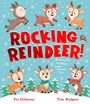 „ROCKING REINDEER!“ in großen roten Buchstaben. Verspielte Rentiere tanzen fröhlich im Schnee mit winterlichen Accessoires.