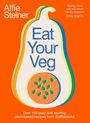 „Eat Your Veg“ in blauer Schrift auf hellem Hintergrund mit buntem Rand, Illustration einer aufgeschnittenen Papaya.