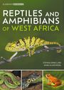 „Reptiles and Amphibians of West Africa“, Stephen Spawls und Mark-Oliver Rödel. Ein Chamäleon auf einem Ast. Unten links eine grüne Schlange, rechts ein Krokodilkopf und ein roter Frosch.