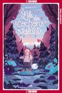 „L'île des Cochons Volants“. Eine Person im Wald, begleitet von einem fliegenden, flauschigen Tier.
