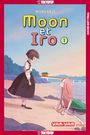 "Moon et Iro 1" in großen Buchstaben. Zwei Mädchen am Strand, eins stehend, eins mit langen Haaren kniend. Illustration.