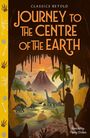 "Classics Retold: Journey to the Centre of the Earth, Retold by Penny Dolan." Ein Vulkan, Dinosaurier und Silhouette eines Forschers.