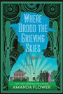 "Where Brood the Grieving Skies", darunter Menschen vor einem Haus, ein Flugzeug am Himmel. Retro-Stil.