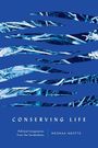 Text: "CONSERVING LIFE. Political Imaginaries from the Sundarbans. MEGNAA MEHTTA." Illustration: Blaue geometrische Formen und Blumen.
