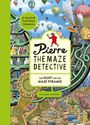 "Pierre the Maze Detective: The Hunt for the Maze Pyramid". Illustration mit Luftballons, Gebäuden und einer Figur im roten Anzug.