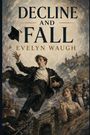 „Decline and Fall“, Evelyn Waugh. Eine stürmische Szene mit einem Mann im Smoking, wirbelnde Hüte und Bücher.