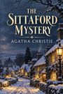 "The Sittaford Mystery, Agatha Christie." Winterliche Dorfstraße, schneebedeckte Hütten, leuchtende Laternen, ruhige Atmosphäre.