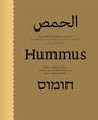 Arabische, englische und hebräische Schrift: "Hummus - On the Hummus Route: A Journey Between Cities, People, and Dreams". Goldener Hintergrund.