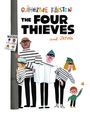 "The Four Thieves and Jamie" in bunten Buchstaben. Vier Personen in gestreiften Shirts stehen neben einem Kind.