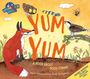 Text: "YUM YUM", "A BOOK ABOUT FOOD CHAINS." Ein Fuchs, Eule, Spinne, Vogel und Raupe in einer bunten Landschaft.