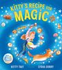 „KITTY'S RECIPE FOR MAGIC“ in gelber Schrift. Illustration: Ein Mädchen mit Schüssel, umgeben von Gebäck und einem Hund.