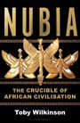 „NUBIA“ in Gold auf Schwarz, darunter „The Crucible of African Civilisation“. Es zeigt goldene, geflügelte Figuren.