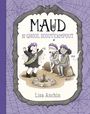 „MAUD and the GHOUL SCOUT CAMPOUT“ von Lisa Anchin. Drei Kinder in Kostümen am Lagerfeuer, Spinnweben-Hintergrund.
