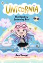 „UNICORNIA. The Rainbow Swimming Pool. Ana Punset, illustrated by Diana Vicedo.“ Ein fröhliches Mädchen vor Regenbogen.