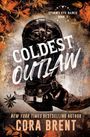 "Coldest Outlaw" von Cora Brent. Storm's Eye Ranch Book 2. Dunkler Cowboyhut, rote Blätter im Hintergrund.