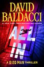 Text: „DAVID BALDACCI“, „ALL IN“, „A 6:20 MAN THRILLER“. Gebäude in Rot und Blau, Mensch stürzt zwischen Gebäuden.