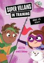 Text: "Super Villains in Training", "Hero vs. Vicky", "Written by Kailie Pew", "Illustrated by Estrela Lourenço". Illustration: Zwei Kinder in bunten Kostümen mit einem weißen Kätzchen auf hellem Hintergrund.