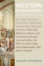 Cover mit Text: "Western Civilization: An Introduction. Zachary Patterson." Links ein historisches Gemälde von gelehrten Personen.