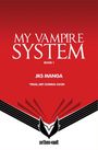 „MY VAMPIRE SYSTEM“, „Book 1“, „JKS MANGA“, „*FINAL ART COMING SOON“; roter Hintergrund, Logo mit schwarzen Flügeln.