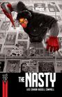 "The Nasty" von Lees, Cahoon, Russell, Campbell. Rote und schwarze Illustration eines Monsters in einem Plattenladen.