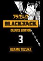 „DELUXE EDITION 3 OSAMU TEZUKA“ Logo zeigt düsteres Manga-Porträt eines entschlossenen Mannes mit Narbe.